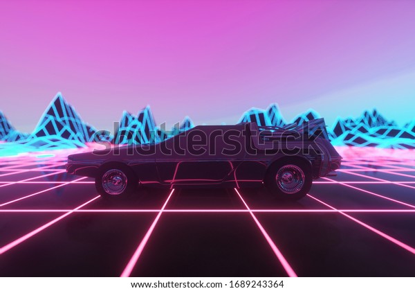 Retro future. 80s style sci-fi\
background with supercar. Futuristic retro car. 3d\
rendering.