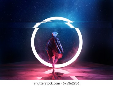 Retro Future. A futuristic spaceman walking through a circle of light. 3D illustration