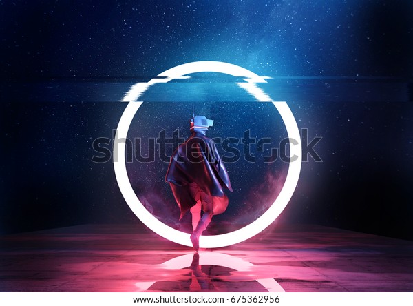 Retro Future. A futuristic spaceman walking\
through a circle of light. 3D\
illustration