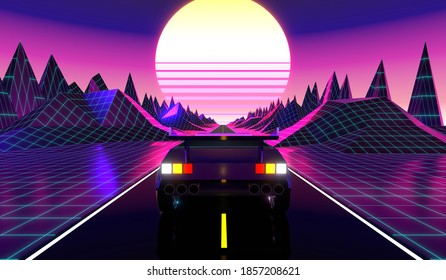 Retro Futuristic 80s Design - Car On A Road - 3D Illustration