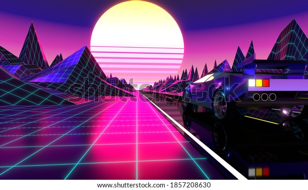 Retro futuristic 80s design - car on a road
- 3D illustration