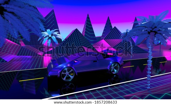 Retro futuristic 80s design - car on a road\
and palm trees - 3D\
illustration