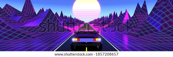 Retro futuristic 80s design - car on a road
- 3D illustration