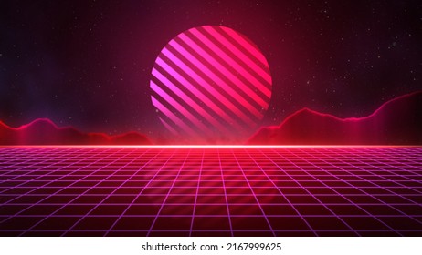 Retro Futuristic 80's Synthwave Sun, Grid And Terrain Background