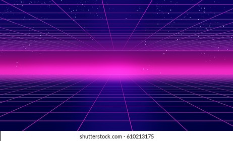 Retro futuristic background 1980s style 3d illustration. Digital landscape in a cyber world. For use as music album cover .