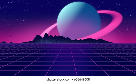 Retro futuristic background 1980s style 3d illustration. Digital landscape in a cyber world. For use as music album cover .