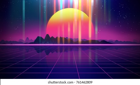 Retro futuristic background 1980s style 3d illustration. Digital landscape in a cyber world. For use as music album cover .