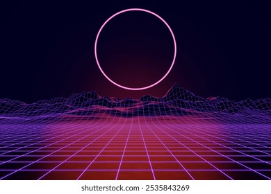 Retro futuristic background with a pink neon grid and purple hues. Purple and black tones dominate the background, creating a digital landscape. Pink neon futuristic background. - Powered by Shutterstock