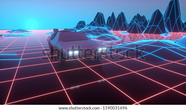 Retro futuristic car in 80s style moves on
a virtual neon landscape. 3d
illustration.