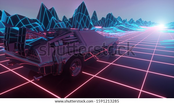 Retro futuristic car in 80s style moves on\
a virtual neon landscape. 3d\
illustration.