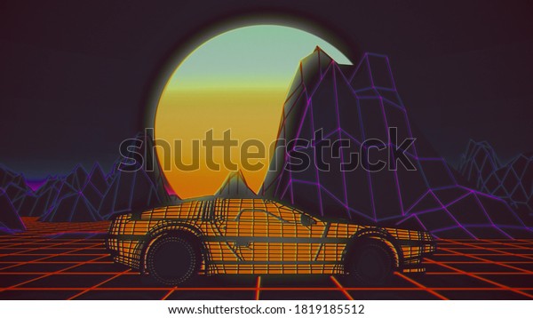 Retro futuristic car with a sun in the\
background. 3d\
rendering.