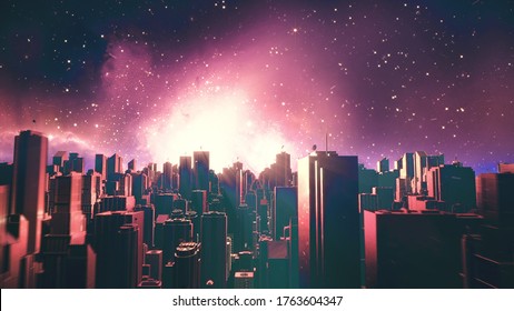 Retro futuristic city flythrough background. 80s sci-fi synthwave landscape in space with stars. Vaporwave stylized VJ 3D illustration for EDM music video, videogame intro. 4K motion design retrowave