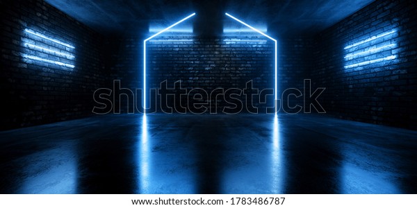 Retro Futuristic Neon Cyber Laser
Fluorescent Blue Arc Stage Tube Lights Glowing On Old Club Night
Dance Grunge Brick Wall Cement Concrete Floor Garage Underground
Background 3D Rendering
Illustration