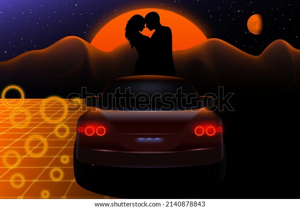 Retro futuristic side view of 80s supercar on\
trendy synthwave, vaporwave, sunset background. 80\'s concept with\
heart shaped sunset. Illustration of futuristic car drive through\
neon abstract\
space.