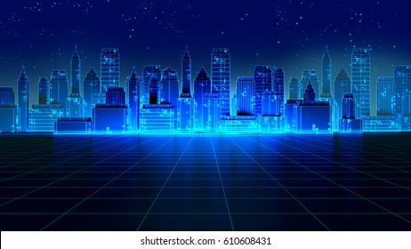 Retro Futuristic Skyscraper City 1980s Style 3d Illustration. Digital Landscape In A Cyber 
World. For Use As Music Album Cover .