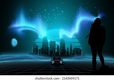 Retro Futuristic View Of 80s City And Car On Trendy Synthwave, Vaporwave, Sunset Background. Road With Neon Laser Grid And A Woman Hiker Watching The City. Template Design For Poster, Flyer Or Banner.