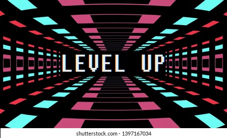 Retro Game Style Infinite Tunnel Flight Seamless Loop Animation With Level Up Blinking Text - New Quality 4k Vintage Colorful Joyful Video Footage