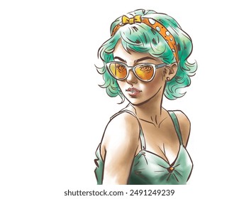 Retro girl in glasses on white digital art for card, decoration, illustration - Powered by Shutterstock