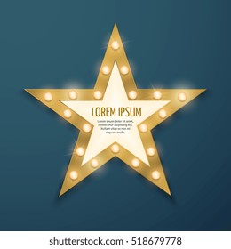 Retro Gold Star Light Vintage Frame, Banner. Retro Movie Illustration