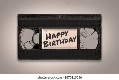 A retro Happy Birthday themed old black VHS video tape illustration background with copy space - Powered by Shutterstock