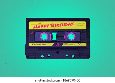 A retro Happy Birthday themed vibrant neon synthwave style audio cassette illustration background with copy space - Powered by Shutterstock