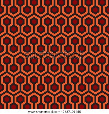 Retro hexagon geometric pattern in orange, red, and brown. Inspired by The Shining carpet, perfect for wallpapers and vintage projects.