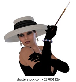 Retro Hollywood Glamour - A Beautiful Woman In A Black Dress, Hat And Gloves In The Style Of Old Hollywood Glamour.
