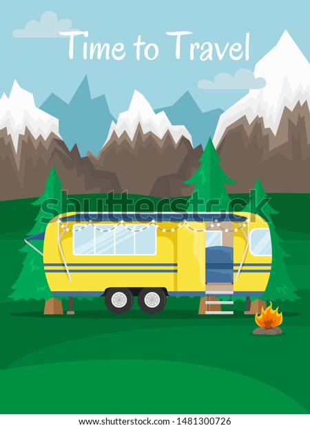 Retro house\
on wheels for traveling. Car travel. flat illustration. Motorhome\
in the mountains. Time to\
travel.