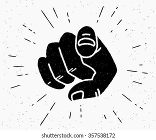 Retro human hand with the finger pointing or gesturing towards you. Vintage hipster illustration isolated on white background - Powered by Shutterstock