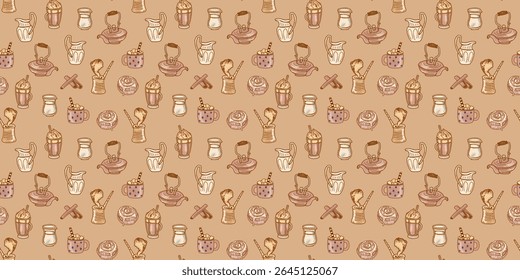 Retro kitchen pattern. Breakfast cooking items illustration. Morning coffee time light beige wallpaper.
