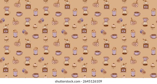 Retro kitchen pattern. Breakfast cooking items illustration. Morning coffee time light lavender beige wallpaper.