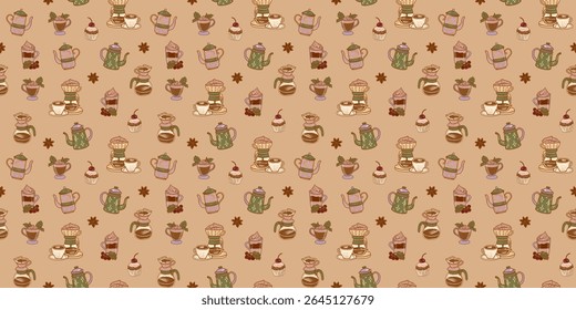 Retro kitchen pattern. Breakfast cooking items illustration. Morning coffee time light green beige wallpaper.