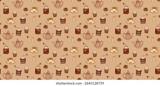 Retro kitchen pattern. Breakfast cooking items illustration. Morning coffee time light beige wallpaper.
