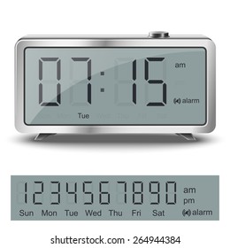 Retro Liquid Crystal Alarm Clock With Black Numbers And Glare Metallic Body Isolated On White