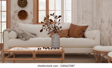 Retro Living Room In White And Beige Tones Closeup. Sofa, Rattan Table With Autumn Decors. Boho Chic Design, Fall Interior Concept, 3d Illustration