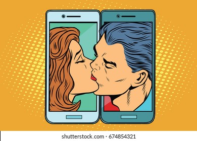 Retro man and woman kissing through a smartphone. Pop art  illustration