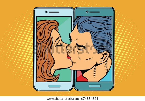 Retro man and woman kissing through a\
smartphone. Pop art \
illustration
