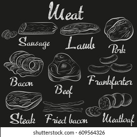 Retro meat chalk icons on chalkboard set. Steak, pork, sausage, lamb, beef. Meat products .meat chalk