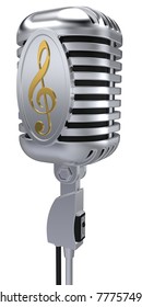 Retro microphone with treble clef. Isolated on a white background.