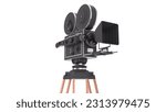 Retro movie camera standing on tripod isolated on white background.3d rendering.