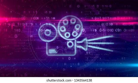 Retro Movie Projector Hologram On Digital Background. 5G, TV Broadcasting, Player, Private Cinema, Animation, Streaming And Internet Transmission Abstract Concept 3D Illustration.