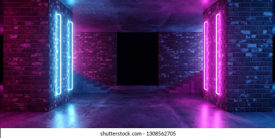 Retro Neon Futuristic Grunge Brick Concrete Glowing Purple Pink Blue Empty Dance Podium Room Club With Stairs Sci Fi Lasers Rays Vibrant 3D Rendering Illustration