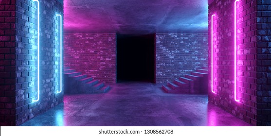 Retro Neon Futuristic Grunge Brick Concrete Glowing Purple Pink Blue Empty Dance Podium Room Club With Stairs Sci Fi Lasers Rays Vibrant 3D Rendering Illustration