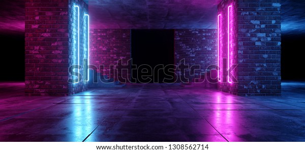 Retro Neon Futuristic Grunge\
Brick Concrete Glowing Purple Pink Blue Empty Dance Podium Room\
Club With Stairs Sci Fi Lasers Rays Vibrant 3D Rendering\
Illustration