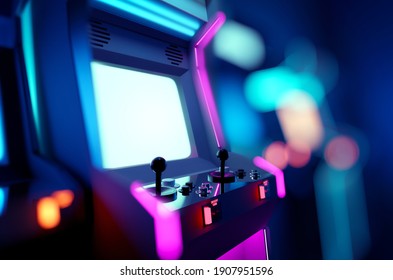 Retro neon glowing arcade machines in a games room. 3D render illustration. - Powered by Shutterstock