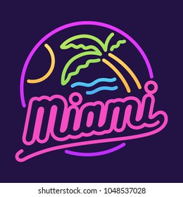 Retro Neon Sign, Miami Beach And Palm Tree. 80s Style Illustration.