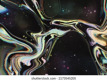 Retro Nostalgic Dark marble abstract space sky with stars and rainbow colourful pastel nebula swirls