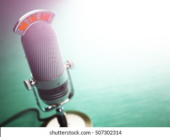 Retro Old Microphone With Text On The Air. Radio Show Or Audio Podcast Concept. Vintage Microphone. 3d Illustration