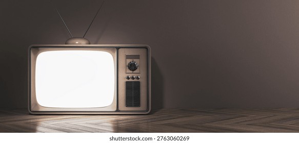 Retro old tv with empty bright screen in realistic style on dark interior background as concept of clean copyspace for design, 3D Rendering