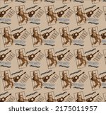The retro pattern in brown tones with the image of Elvis Presley, the inscription, prison bars, and a guitar.